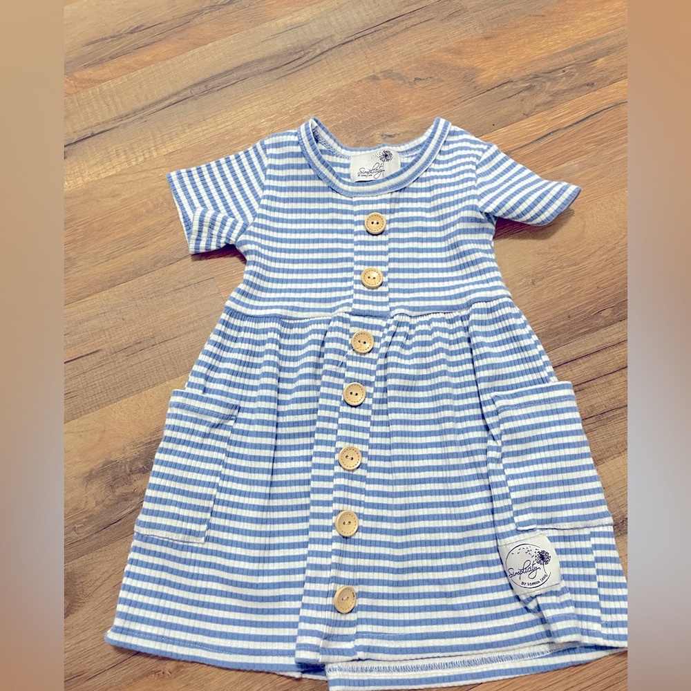 Blue Striped Kids Dress with Wooden Buttons